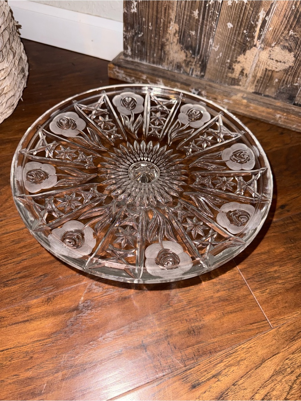 Lead Crystal PEDESTAL CAKE STAND Glass Etched Cabbage Rose - LEONARD